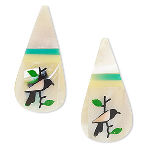 Bead, mother-of-pearl shell (assembled) and resin, multicolored, 38x18mm-39x19mm top-drilled single-sided teardrop with birds and leaves decal and 0.6mm hole. Sold per pkg of 2.