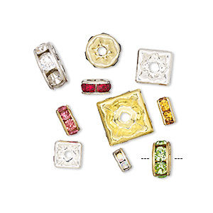 Bead, Beadelle&reg; Collection, glass and gold- finished &quot;pewter&quot; (zinc-based alloy), mixed colors, 4x2mm-14x13mm squaredelle with 0.6 to 1.4mm hole. Sold per pkg of 10,