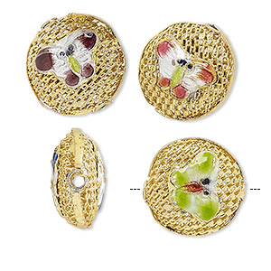 Bead mix, cloisonn&#233;, enamel and gold-finished copper, multicolored, 16-17mm double-sided puffed flat round with butterfly design. Sold per pkg of 4.