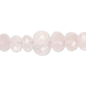Bead, rose quartz (natural), light, 6x4mm-12x9mm hand-cut graduated faceted rondelle with 0.4-1.4mm hole, B+ grade, Mohs hardness 7. Sold per 8-inch strand.
