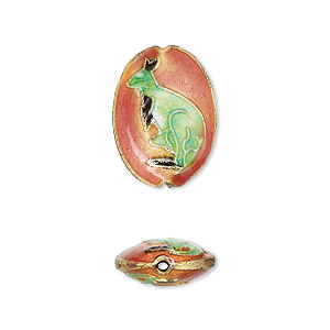 Bead, cloisonn&#233;, enamel and gold-finished copper, pink / orange / green, 19x14mm puffed oval with kangaroo design. Sold per pkg of 2.