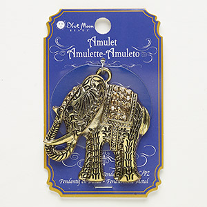 Focal, glass and antique gold-finished &quot;pewter&quot; (zinc-based alloy), black and light brown, 53x50mm fancy elephant. Sold individually.