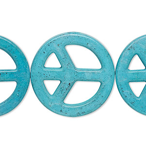 Bead, magnesite (dyed / stabilized), blue, 25mm hand-cut vertically drilled peace sign, C+ grade, Mohs hardness 3-1/2 to 4. Sold per pkg of 10.
