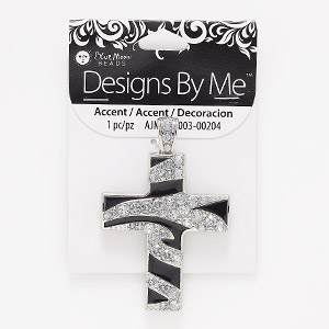 Pendant, silver-finished &quot;pewter&quot; (zinc-based alloy) / glass / enamel, black and clear, 2-7/8 x 1-7/8 inch cross. Sold individually.