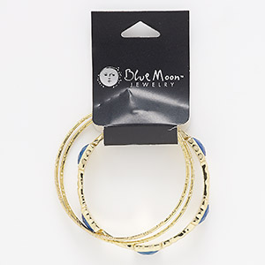 Bracelet mix, bangle, gold-finished &quot;pewter&quot; (zinc-based alloy) / steel / acrylic, blue, 2mm and 13mm wide, 7-1/2 to 8 inches. Sold per pkg of 3.