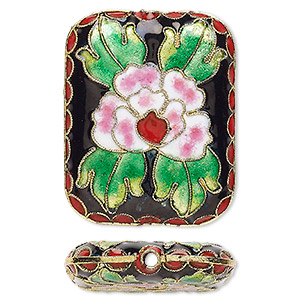 Bead, cloisonn&#233;, enamel and gold-finished copper, multicolored, 40x32mm-41x33mm puffed rectangle with flower and leaves design. Sold individually.