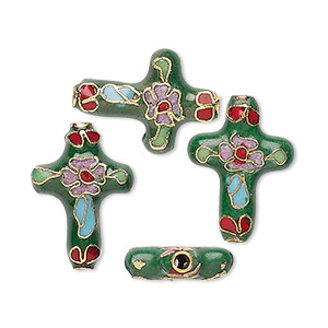 Bead, cloisonn&#233;, enamel and gold-finished copper, multicolored, 20x14mm-20x15mm flat cross with flower and leaves design. Sold per pkg of 4.