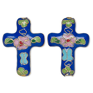 Bead, cloisonn&#233;, enamel and gold-finished copper, multicolored, 28x20mm-29x21mm flat cross with flower and leaves design. Sold per pkg of 2.