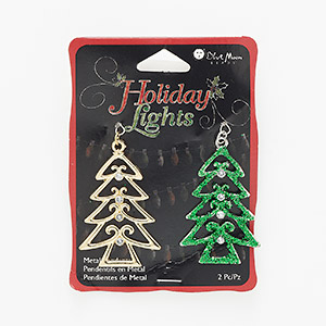 Focal, glass / steel / silver- / gold-finished &quot;pewter&quot; (zinc-based alloy), clear and green, 44x30mm Christmas tree with glitter and cutout design. Sold per pkg of 2.