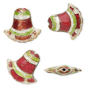 Bead, cloisonn&#233;, enamel and gold-finished copper, orange / light green / white, 20x19mm-21x20mm puffed bell. Sold per pkg of 4.