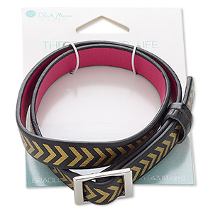 Bracelet, wrap, vinyl and silver-finished &quot;pewter&quot; (zinc-based alloy), black / gold / fuchsia, 10mm wide with chevron design, 17 inches. Sold individually.