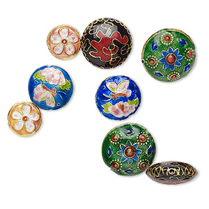 Bead mix, cloisonn&#233;, enamel / gold- / silver-finished copper, multicolored, 14-22mm puffed flat round with mixed designs. Sold per pkg of 8.