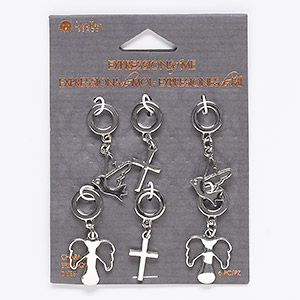 Focal mix, silver-finished &quot;pewter&quot; (zinc-based alloy) and steel, (2) 34x11mm cross / (2) 35x16mm angel / (2) 37x16mm dove. Sold per pkg of 6.
