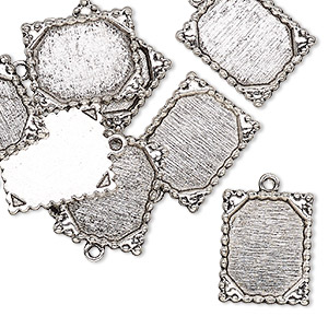 Drop, glue-in, antique silver-finished &quot;pewter&quot; (zinc-based alloy), 21x17mm single-sided frame rectangle with 18x14mm rectangle setting. Sold per pkg of 10.