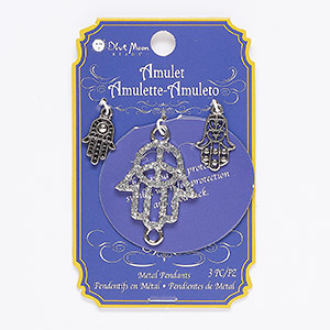 Charm and link mix, glass / silver- / antique silver-finished &quot;pewter&quot; (zinc-based alloy), clear, 16x12mm / 19x13mm / 29x27mm single-sided Fatima hand. Sold per pkg of 3.
