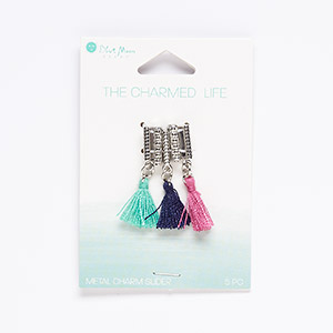 Slide mix, cotton / silver-finished &quot;pewter&quot; (zinc-based alloy) / steel, green / dark blue / pink, (2) 13x3mm rectangle and (3) 36x2mm rectangle with tassel and 10x2.5mm hole. Sold per pkg of 5.