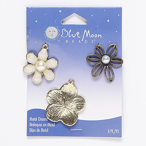Charm and link mix, acrylic pearl / enamel / gold- / antique brass-finished &quot;pewter&quot; (zinc-based alloy), cream and clear, 27mm / 29mm / 29x27mm single-sided flower with cutout. Sold per pkg of 3.
