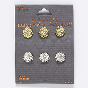 Slide mix, glass / silver- / gold-finished &quot;pewter&quot; (zinc-based alloy), clear, 12mm swirl, 6.5mm hole. Sold per pkg of 6.