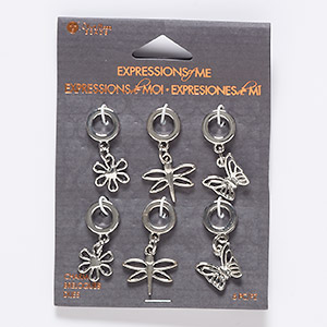 Focal mix, silver-finished &quot;pewter&quot; (zinc-based alloy) and steel, (2) 30x12mm flower / (2) 31x14mm butterfly / (2) 32x18mm dragonfly with cutout design and 6.5mm hole. Sold per pkg of 6.