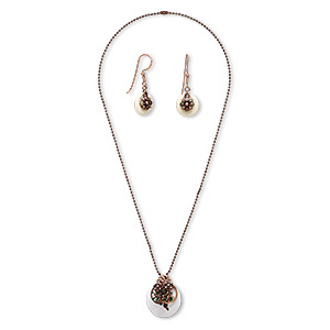 Necklace and earring set, One of a Kind Jewelry, silver-plated brass / copper / antique copper-finished &quot;pewter&quot; (zinc-based alloy), multicolored, 26 inches with fishhook ear wire. Only one available.
