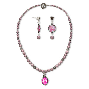 Necklace and earring set, One of a Kind Jewelry, crystal / glass / antiqued sterling silver, pink, 16 inches with post earrings. Only one available.