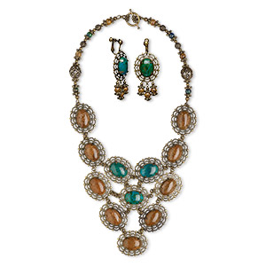 Necklace and earring set, epoxy / glass rhinestone / gold-finished ...