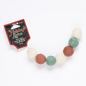 Bead, acrylic and burlap, red / green / white, 20mm round with 2mm hole. Sold per pkg of 7.