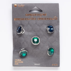 Slide mix, glass and silver-finished &quot;pewter&quot; (zinc-based alloy), blue and green, 12x9mm rounded faceted square with 6.5mm hole. Sold per pkg of 5.