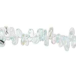 Bead, aquamarine (dyed / heated), light, 6x4mm-9x6mm hand-cut top-drilled flat teardrop with 0.4-1.4mm hole, D grade, Mohs hardness 7-1/2 to 8. Sold per 7-1/2 inch strand.