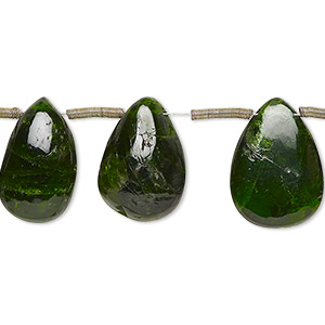 Bead, chrome diopside (dyed), 13x10mm-18x13mm graduated hand-cut top-drilled puffed teardrop with 0.4-1.4mm hole, C+ grade, Mohs hardness 5-1/2 to 6. Sold per pkg of 14.