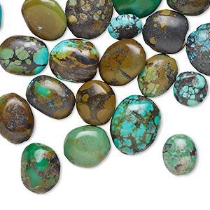 Bead mix, turquoise (dyed / stabilized), blue / blue-green / green-brown, medium oval nugget, Mohs hardness 5 to 6. Sold per 1/4 pound pkg, approximately 35 beads.