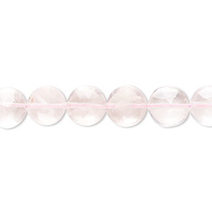 Bead, rose quartz (natural), 8-10mm hand-cut faceted puffed flat round with 0.4-1.4mm hole, B- grade, Mohs hardness 7. Sold per 6-1/2 inch strand.
