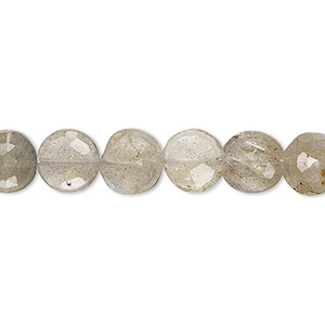 Bead, labradorite (natural), 8-9mm hand-cut faceted puffed flat round with 0.4-1.4mm hole, C grade, Mohs hardness 6 to 6-1/2. Sold per 7-inch strand.