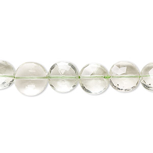 Bead, green quartz (heated), 8-10mm hand-cut faceted puffed flat round with 0.4-1.4mm hole, B- grade, Mohs hardness 7. Sold per 7-inch strand.
