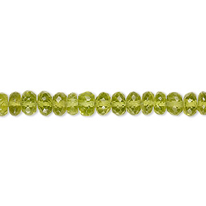 Bead, peridot (natural), 4x2mm-6x4mm hand-cut faceted rondelle with 0.4-1.4mm hole, C grade, Mohs hardness 6-1/2 to 7. Sold per 9-inch strand.