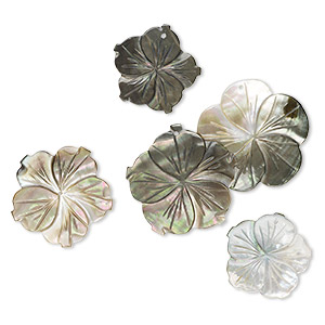Drop mix, black lip shell and golden lip shell (natural), 21-40mm top- / center- / undrilled carved flower, Mohs hardness 3-1/2. Sold per pkg of 5.