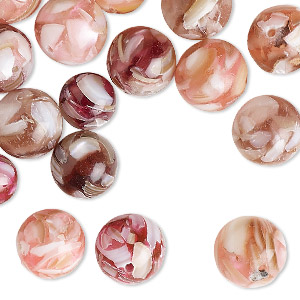 Bead mix, mother-of-pearl shell (assembled) and resin, multi-pink and white, 8-10mm round, Mohs hardness 3-1/2. Sold per pkg of 60.