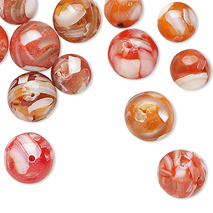 Bead mix, mother-of-pearl shell (assembled) and resin, multi-red and white, 8-10mm round, Mohs hardness 3-1/2. Sold per pkg of 60.