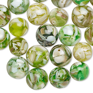 Bead mix, mother-of-pearl shell (assembled) and resin, multi-green and white, 12-14mm round, Mohs hardness 3-1/2. Sold per pkg of 60.