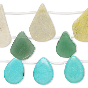 Bead mix, green aventurine / magnesite / serpentine (natural / dyed / stabilized), 12mm-30x20mm top-drilled flat teardrop and puffed teardrop, C grade, Mohs hardness 3 to 7. Sold per pkg of (3) 15-inch strands.