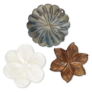Bead / focal / component mix, mother-of-pearl shell (natural / bleached / dyed), mixed colors, 46x40mm-50x45mm top- / center- / undrilled carved flower, Mohs hardness 3-1/2. Sold per pkg of 3.