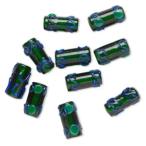 Bead, lampworked glass, translucent green and blue, 21x10mm-22x11mm round tube with swirl and dot design and 1.5-2mm hole. Sold per pkg of 10.