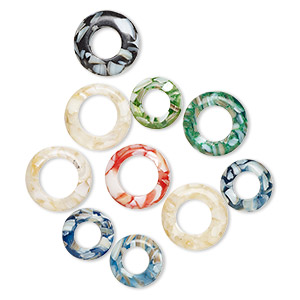 Bead mix, mother-of-pearl shell (assembled) and resin, multicolored, 20-25mm open round, 10-15mm inside diameter, Mohs hardness 3-1/2. Sold per pkg of 10.