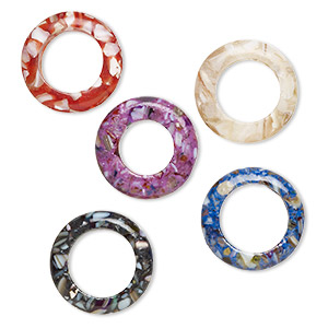 Bead mix, mother-of-pearl shell (assembled) and resin, multicolored, 29-30mm open round, 16-20mm inside diameter, Mohs hardness 3-1/2. Sold per pkg of 5.