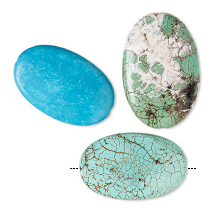 Bead mix, magnesite (dyed / stabilized), blue / light green / blue-green, 54x34mm-60x40mm puffed oval and faceted puffed oval with 2mm hole, C grade, Mohs hardness 3-1/2 to 4. Sold per pkg of 3.