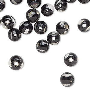 Bead, lampworked glass, opaque clear and black, 6-7mm round with silver ...