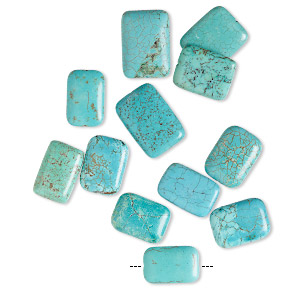 Bead mix, magnesite (dyed / stabilized), blue and blue-green, 29x19mm-35x25mm rounded puffed rectangle, C grade, Mohs hardness 3-1/2 to 4. Sold per pkg of 12.