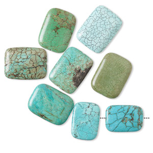 Bead mix, magnesite (dyed / stabilized), blue and blue-green, 34x24mm-39x30mm rounded puffed rectangle, C grade, Mohs hardness 3-1/2 to 4. Sold per pkg of 8.