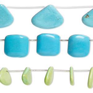 Bead mix, magnesite (dyed / stabilized), blue / green / blue-green, 21x13mm-29x20mm top-drilled teardrop / flat teardrop / rounded rectangle with 0.8-1mm hole, C grade, Mohs hardness 3-1/2 to 4. Sold per pkg of (3) 15-inch strands.