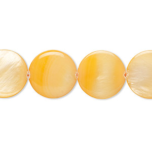 Bead, mother-of-pearl shell (dyed), orange, 14mm flat round with 0.6-1mm hole, Mohs hardness 3-1/2. Sold per 15-inch strand.